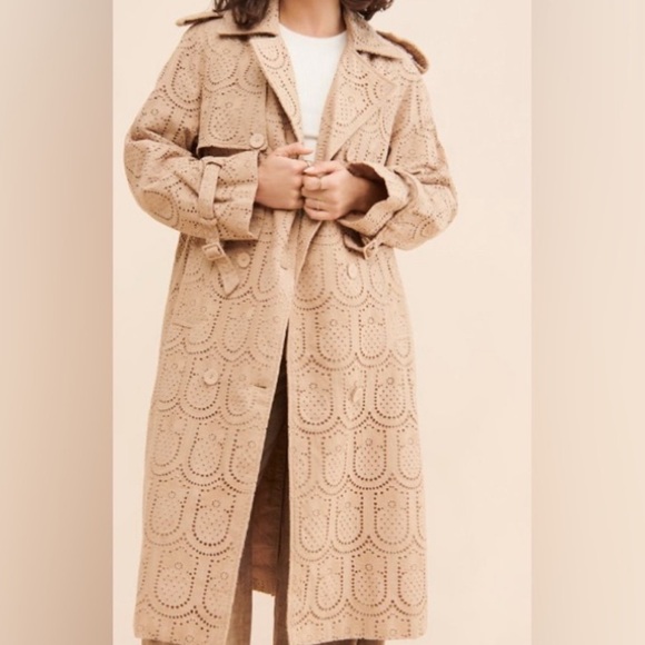 EUC FARM RIO Tan Cotton Eyelet Trench Coat Size M - Picture 3 of 7